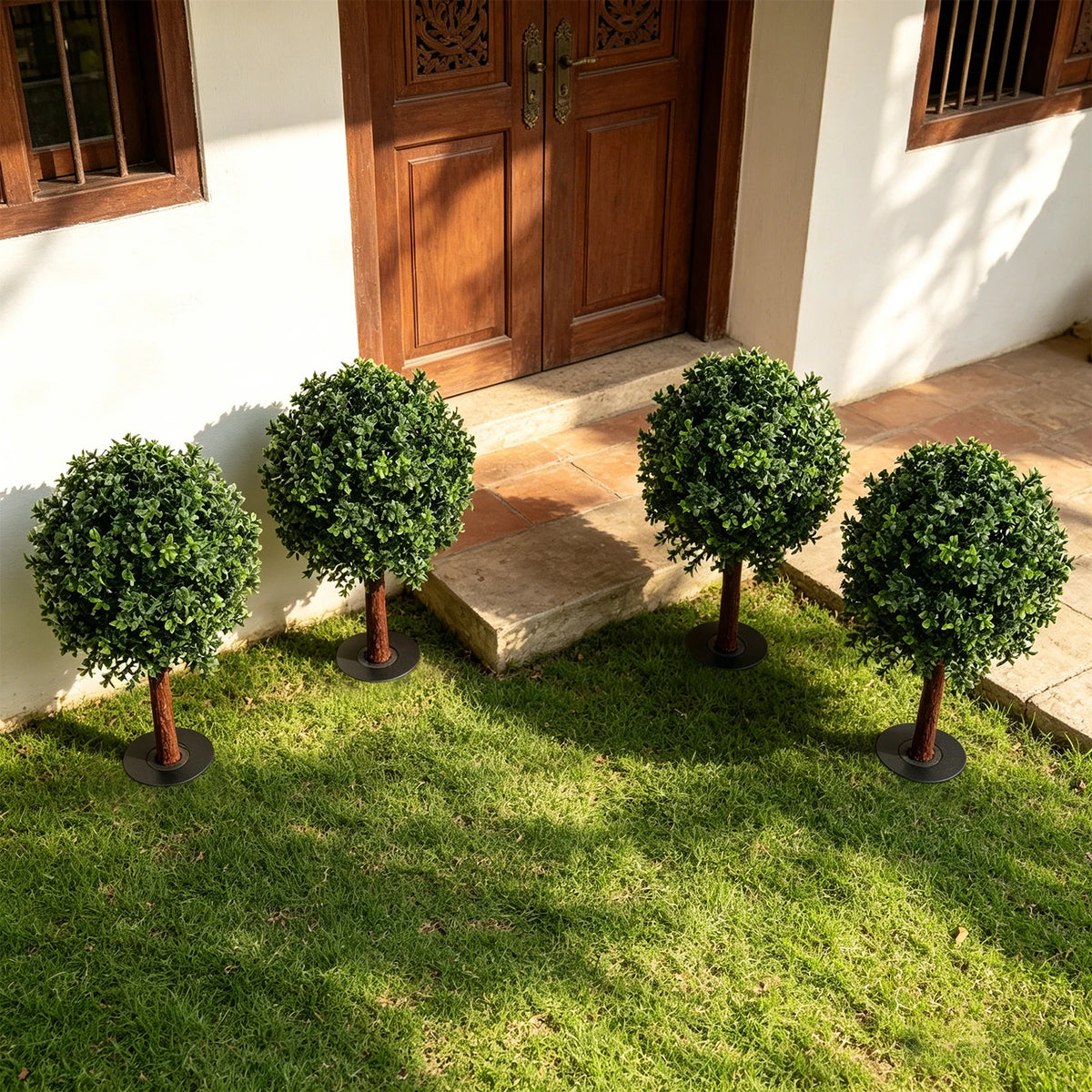 Artificial Boxwood Topiary Trees Set Of 4 Outdoor Faux Plants With Ground Spikes
