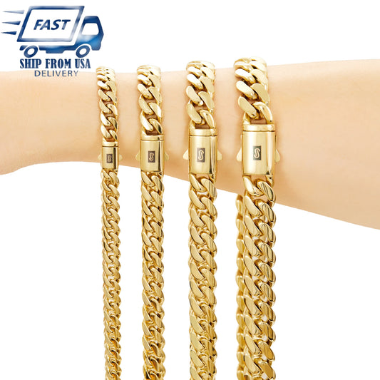6-14mm wide Stainless Steel Cuban Miami Chains Necklaces  unisex Necklace Chain 316L 14K gold-plated Hip Hop Bracelet Gold Color