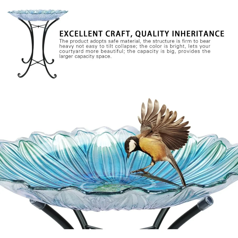 Outdoor Glass Birdbath with Metal Stand for Outside Yard Garden Decor, 18 inch Diameter Blue Bird