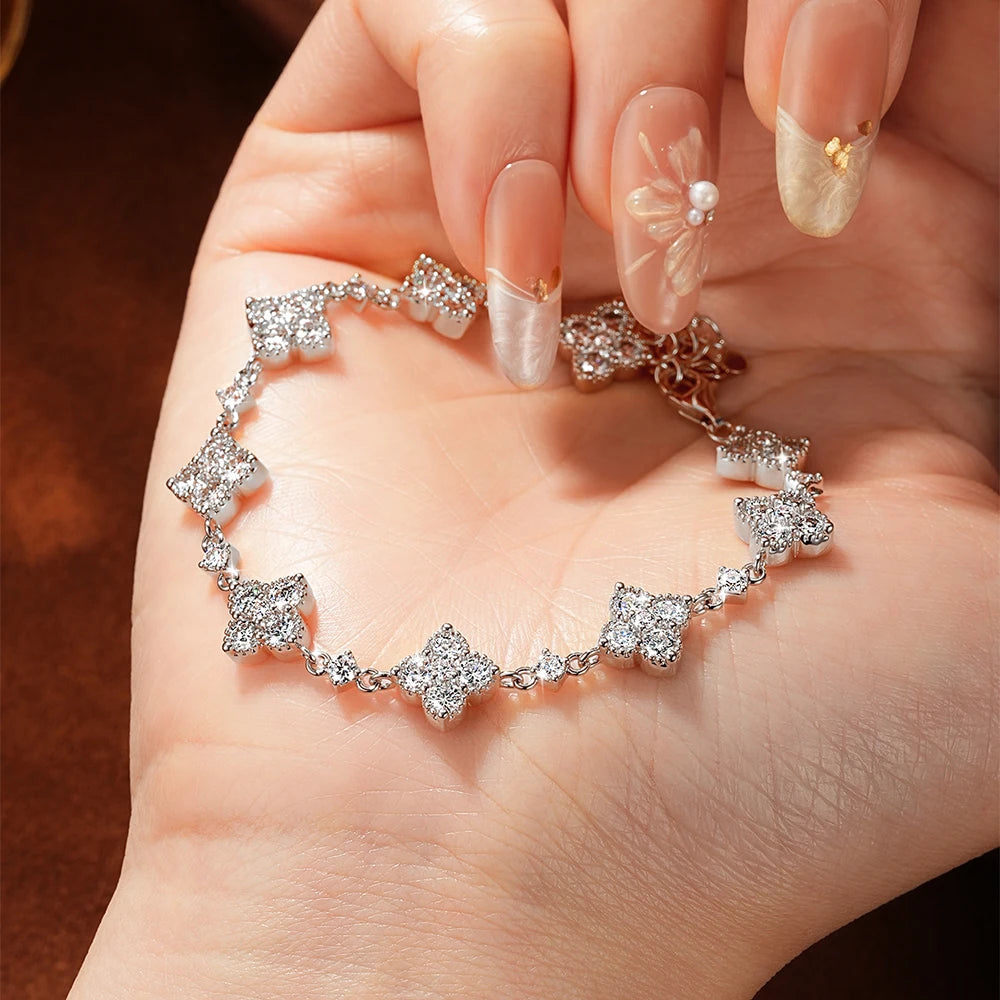 OXTAO Certified Moissanite Clover Flower Bracelets 3mm&2.5mm&2mm D VVS1 14K Gold Filled Chains Bracelet Wedding Jewelry Gifts