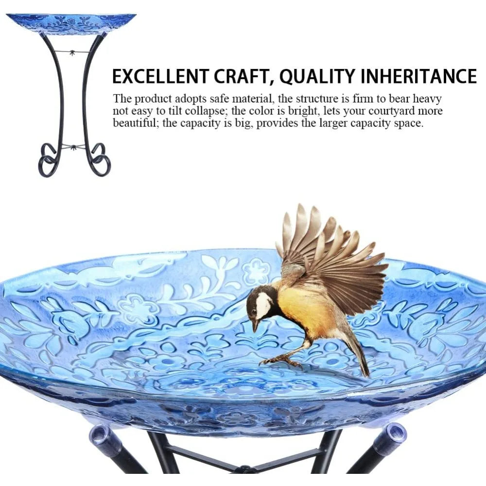 Outdoor Glass Birdbath with Metal Stand for Lawn Yard Garden Decor,18” Dia/21.65 Height