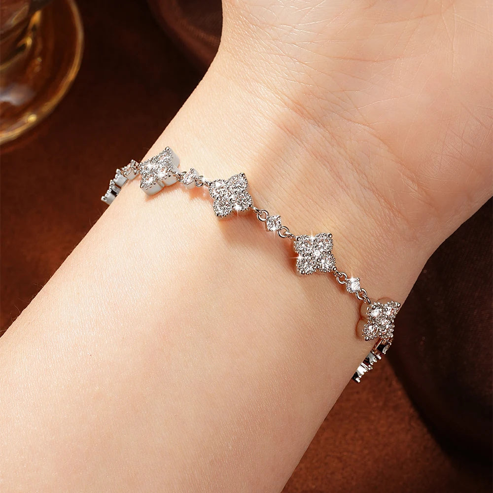 OXTAO Certified Moissanite Clover Flower Bracelets 3mm&2.5mm&2mm D VVS1 14K Gold Filled Chains Bracelet Wedding Jewelry Gifts