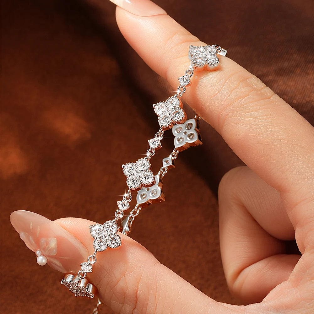 OXTAO Certified Moissanite Clover Flower Bracelets 3mm&2.5mm&2mm D VVS1 14K Gold Filled Chains Bracelet Wedding Jewelry Gifts