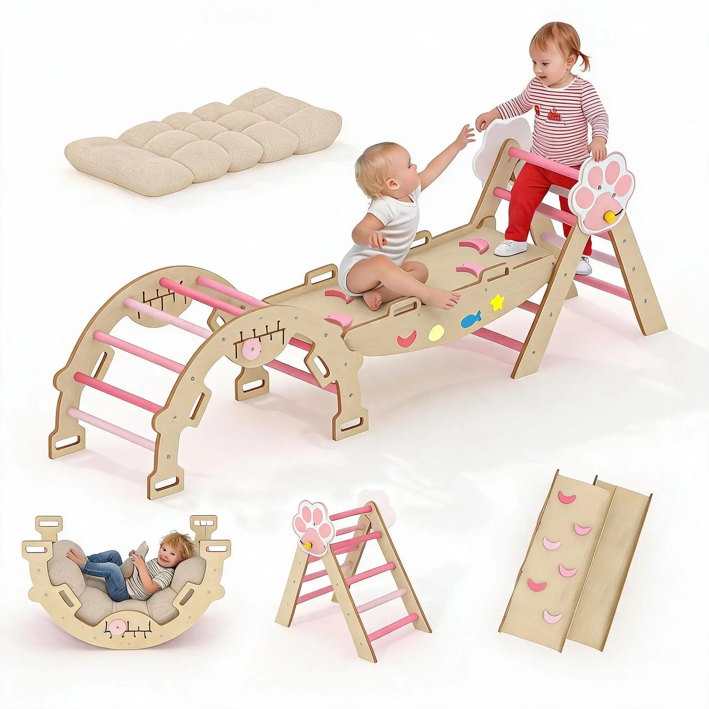 7-in-1 Foldable Pikler Triangle Set For Toddlers, Wooden Indoor Jungle Gym With Reversible Animal Slide, Climbing Ramp Ages 18M-5Y