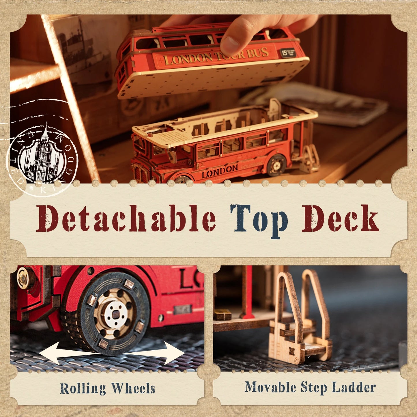 Rolife 3D Wooden Puzzle London Tour Bus DIY Wood Car Model Building Kit Educational Brain Teaser Toy for Kid Gifts for Adults