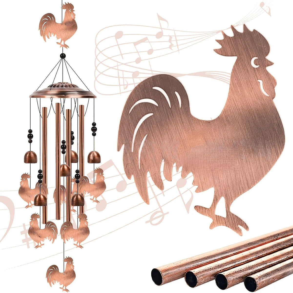 Rooster Wind Chime Outdoor/Indoor - Aluminum Tube Wind Chime with S-Hook, Soothing Sound & Hanging Chicken Cutouts, Garden/Porch