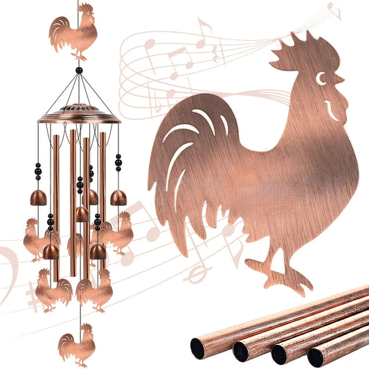 Rooster Wind Chime Outdoor/Indoor - Aluminum Tube Wind Chime with S-Hook, Soothing Sound & Hanging Chicken Cutouts, Garden/Porch