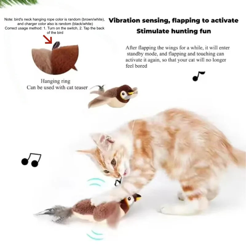 Interactive Chirping Flapping Bird Plush Cat Toy Touch Activated