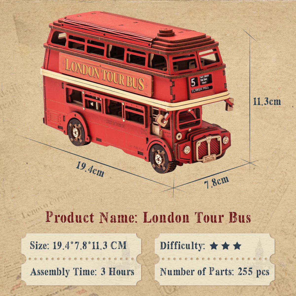 Rolife 3D Wooden Puzzle London Tour Bus DIY Wood Car Model Building Kit Educational Brain Teaser Toy for Kid Gifts for Adults