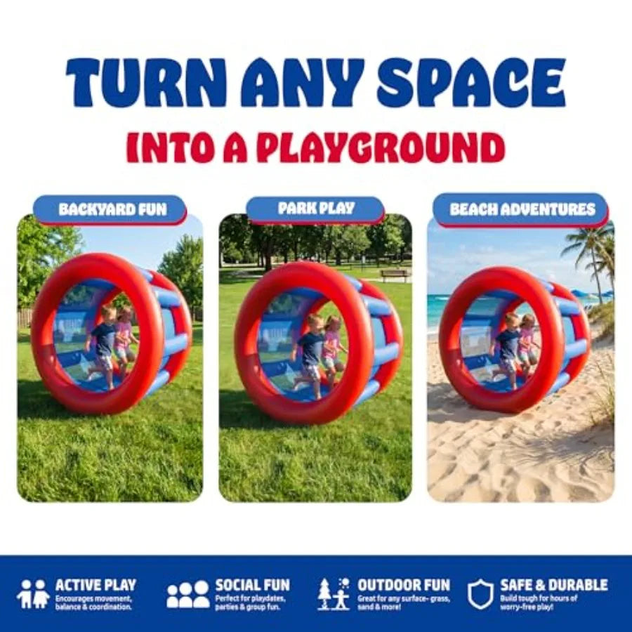 Backyard beach rolling toy for kids and adults: durable PVC blue supports 300 lbs 2-person human hamster wheel ages 5+