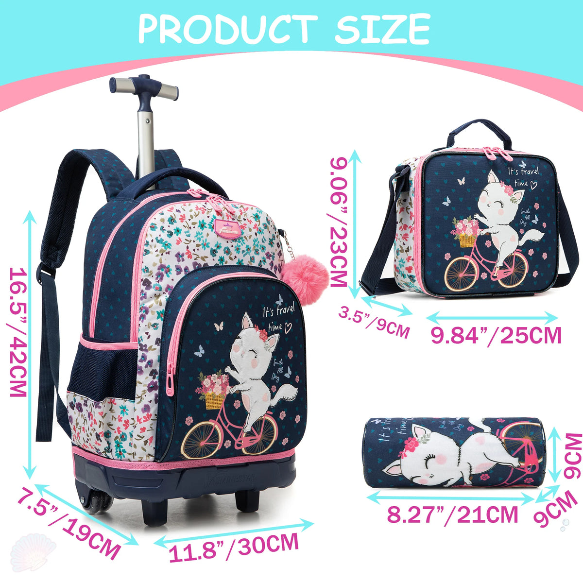 3-Piece Girls Stylish Rolling Backpack Set Perfect for Girls with Wheeled Luggage Lunch Bag Pencil Case for School Travel