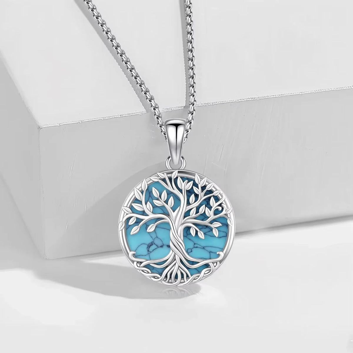 DRINSPER Sterling Silver Tree Of Life Turquoise Pendant Necklace