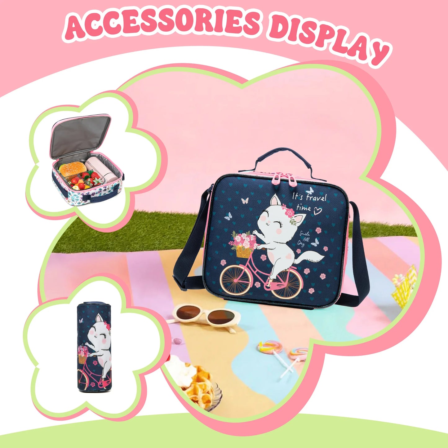 3-Piece Girls Stylish Rolling Backpack Set Perfect for Girls with Wheeled Luggage Lunch Bag Pencil Case for School Travel