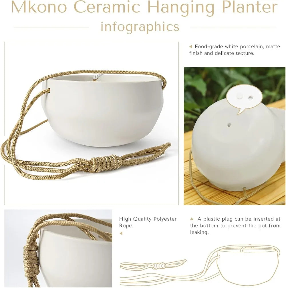 Ceramic Hanging Planters for Indoor Plants, 8" Shallow & 6" Deep 2Pcs | Modern Minimalist Plant Pots, Geometric Porcelain, Hanging Basket with Rope Hanger Drainage Holes