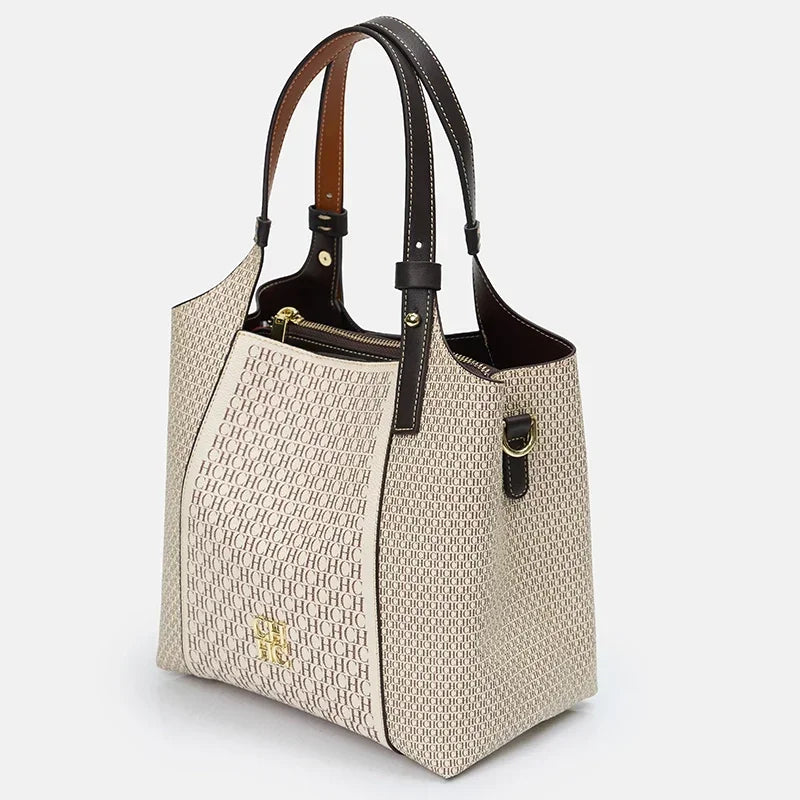 CH Light Luxury Maillard Tone Monogram Print Women's Tote Bag - Large-Capacity Multifunctional Stylish Handbag
