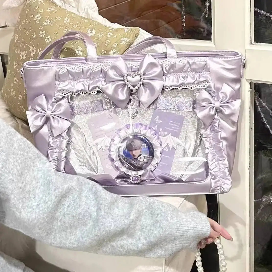 Cute Lolita Ita Transparent Shoulder Tote Bag With Bow Detail