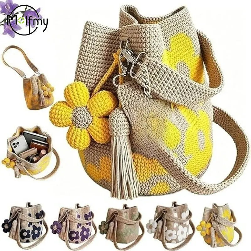 Handmade Crochet Flower Tote Bag Knit Floral Purse Crossbody Crochet Handbags for Women Boho Beach Crochet Purse Shoulder Bag