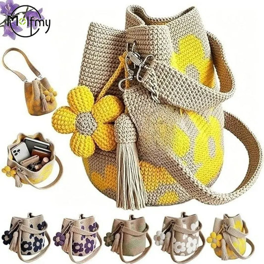 Handmade Crochet Flower Tote Bag Knit Floral Purse Crossbody Crochet Handbags for Women Boho Beach Crochet Purse Shoulder Bag