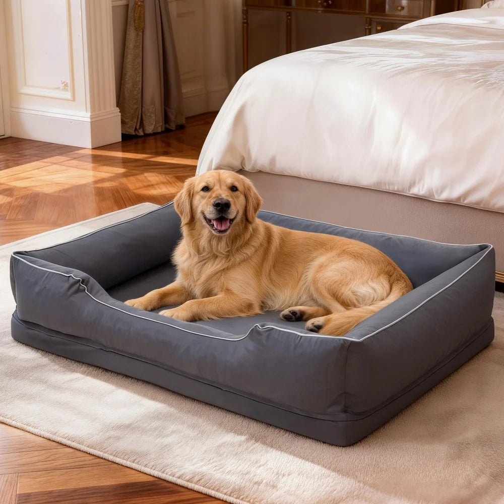Large Orthopedic Dog Bed Pet Sofa with Bolster Sides Waterproof Liner Pet Couch with Washable Removable Cover and Non-Slip Bottom