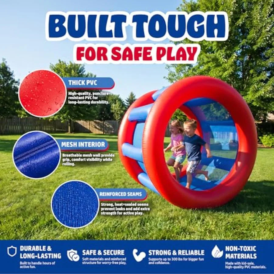 Backyard beach rolling toy for kids and adults: durable PVC blue supports 300 lbs 2-person human hamster wheel ages 5+