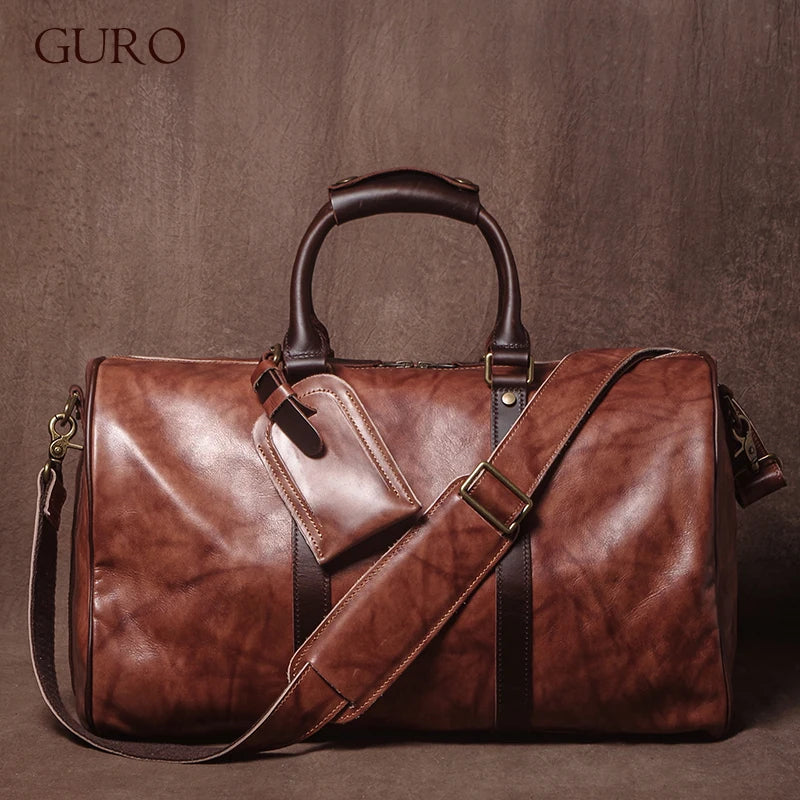 GURO High Quality Genuine Leather Travel Bag Men's Weekend Gym Handbag Luxury Cowhide Luggage Bag Vintage Shoulder Crossbody Bag