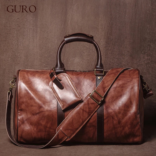 GURO High Quality Genuine Leather Travel Bag Men's Weekend Gym Handbag Luxury Cowhide Luggage Bag Vintage Shoulder Crossbody Bag