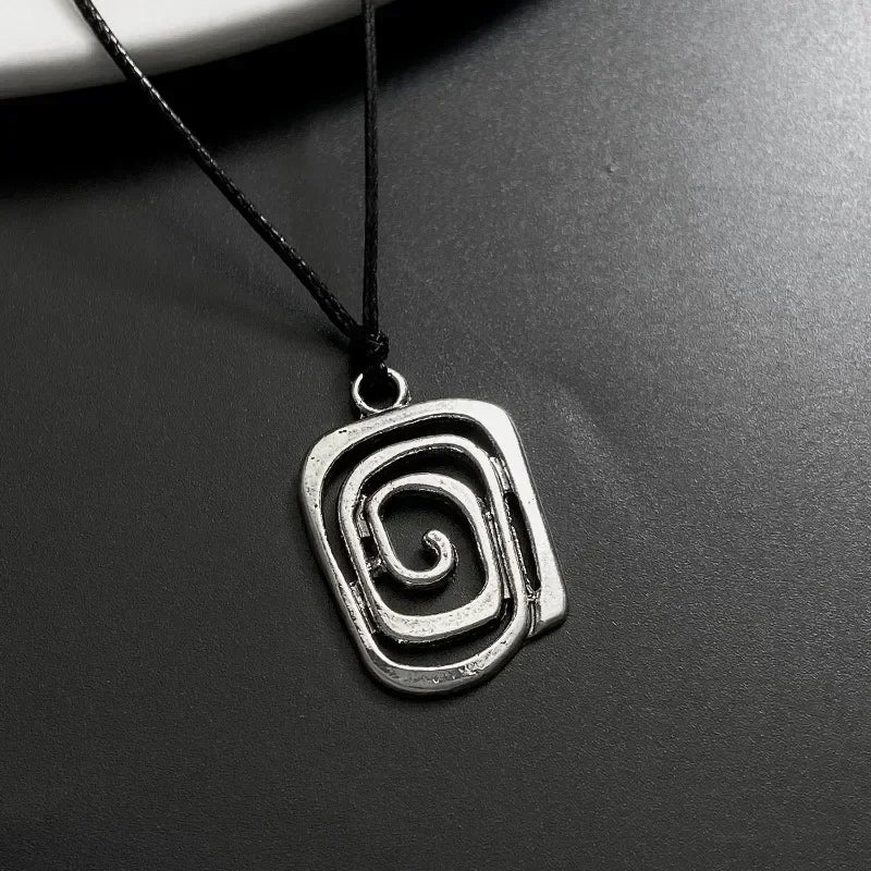 Vintage Spiral Vortex Pendant Necklace With Woven Leather Rope