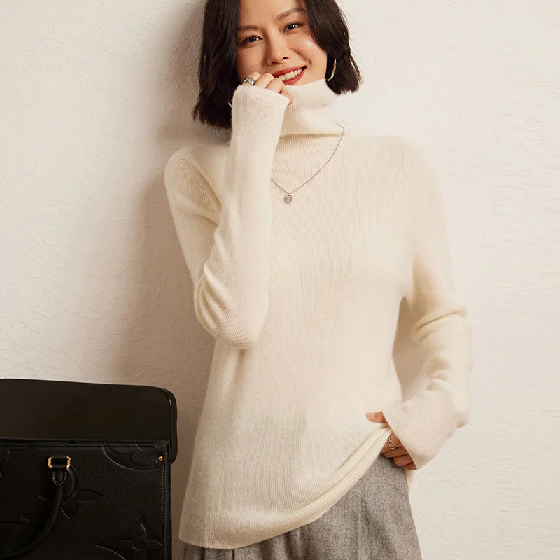 100% Cashmere Sweater Women's Knitted Pullover Sweater High Neck Solid Color Slim Fit Soft Cashmere Basic Women's Sweater