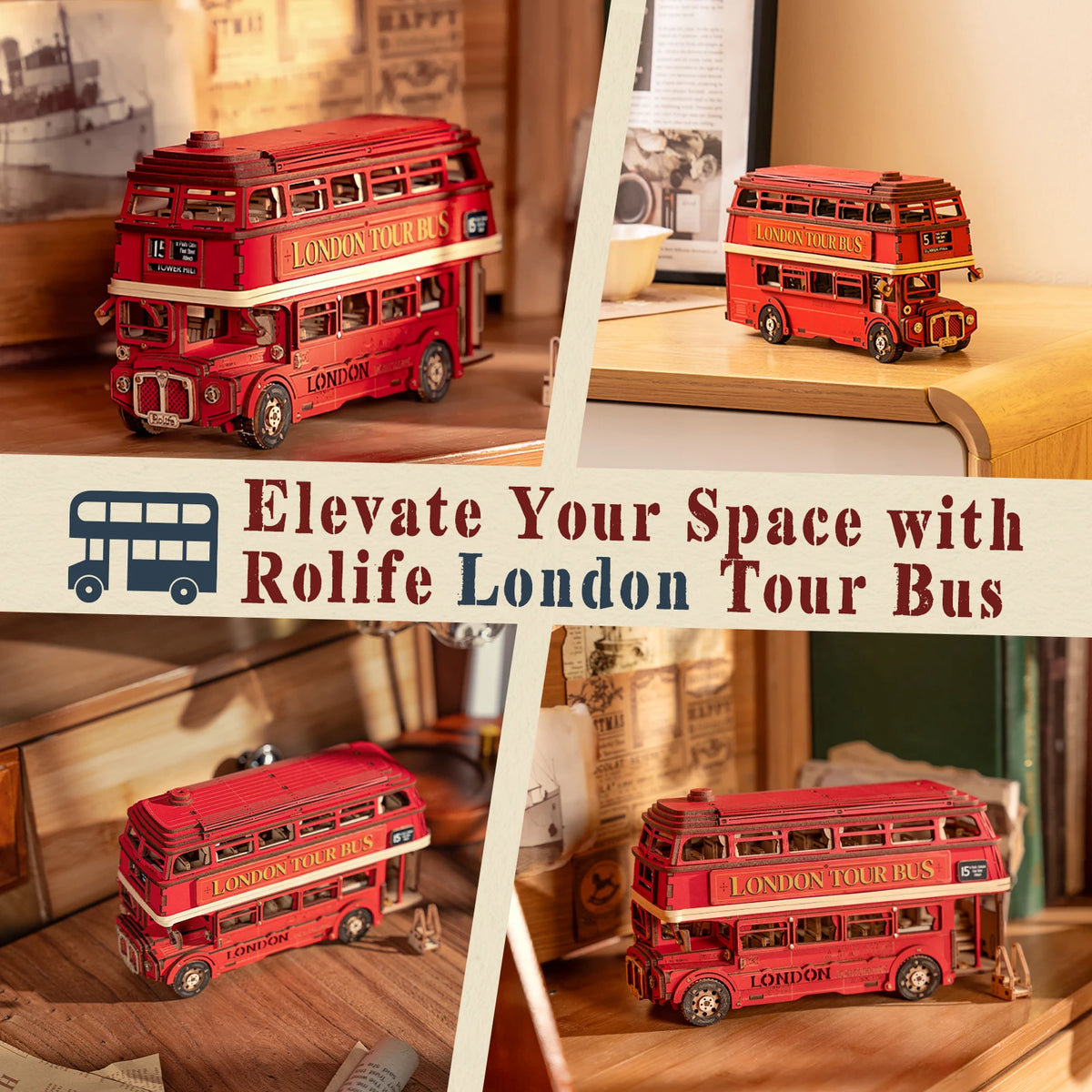Rolife 3D Wooden Puzzle London Tour Bus DIY Wood Car Model Building Kit Educational Brain Teaser Toy for Kid Gifts for Adults