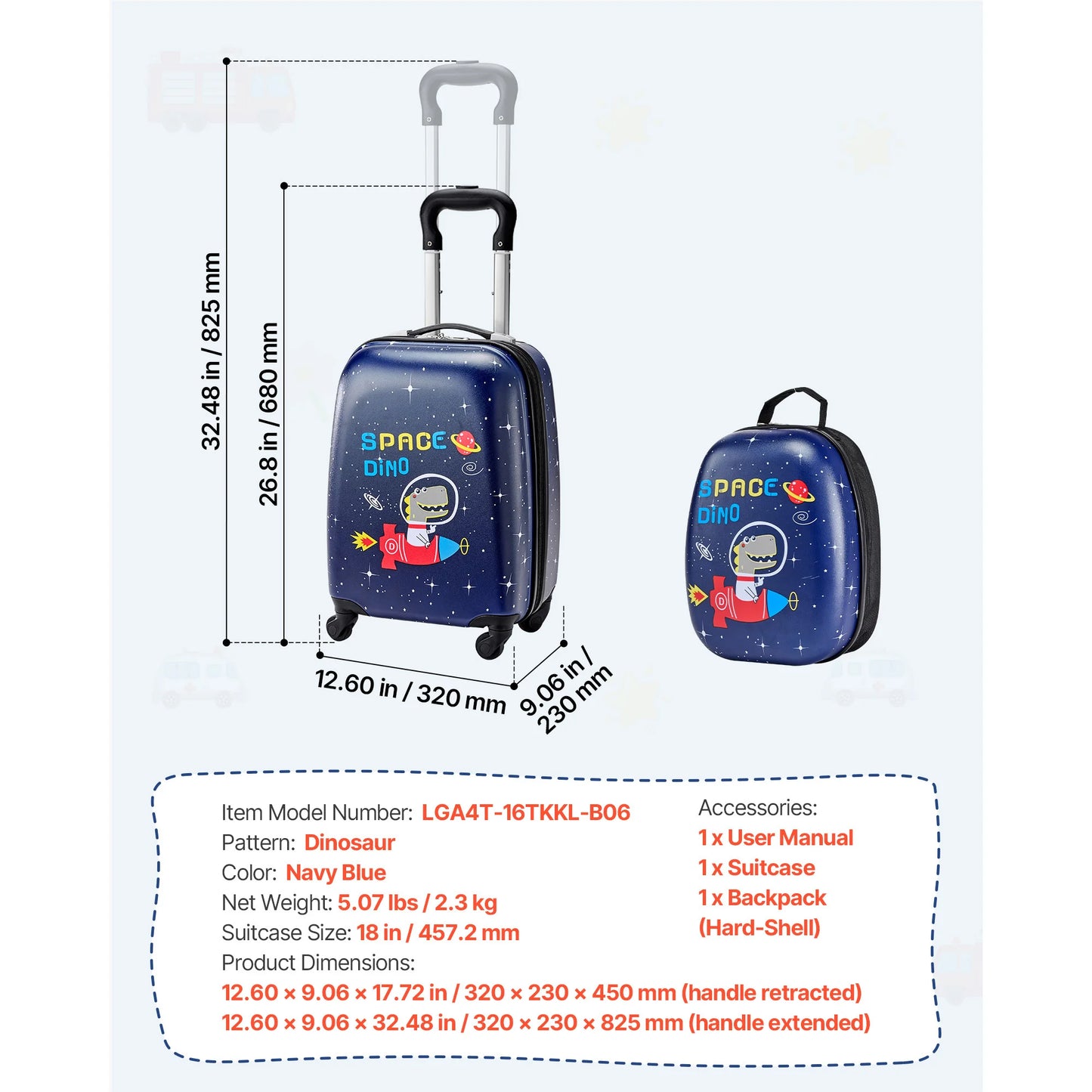 SucceBuy 2pcs Kids Luggage Set with Backpack 18in Rolling Wheels Suitcase Kids Carry on Luggage for Girls & Boys Travel Suitcase