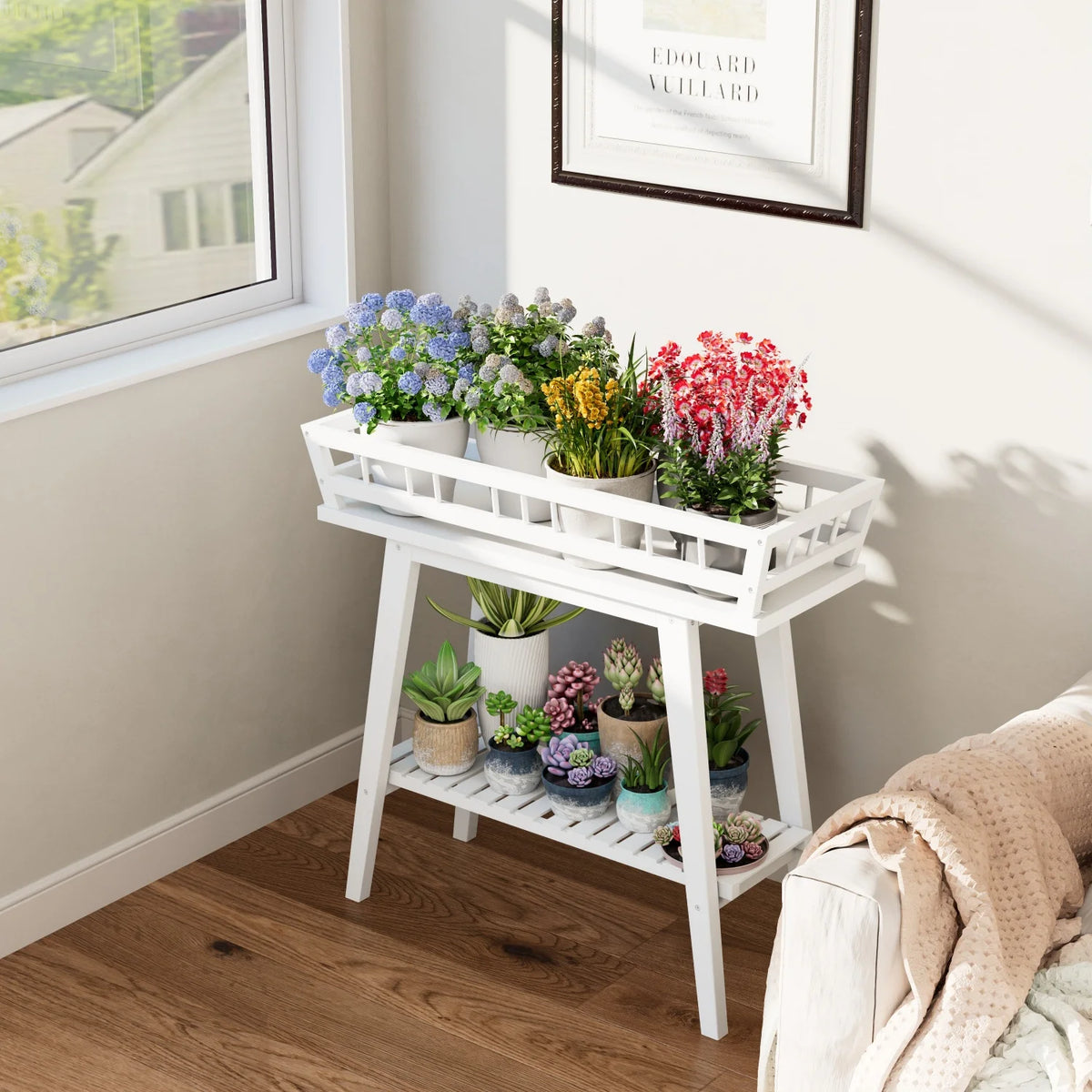 Bamboo Two Tier Plant Stand Shelf and Flower Pot Holder