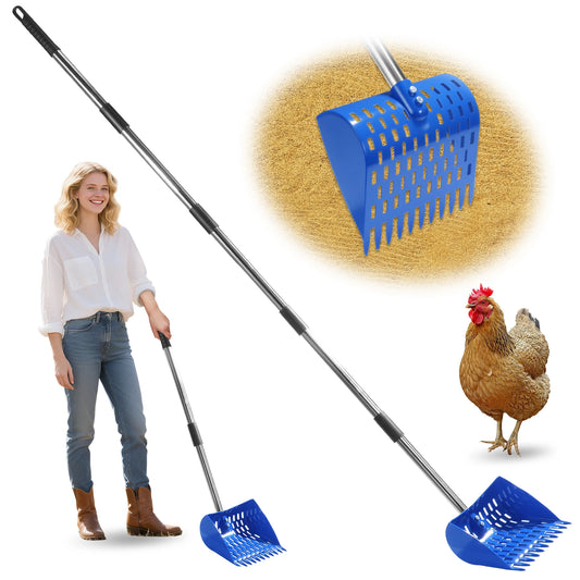 Ergonomic 2-in-1 Chicken Manure Shovel And Rake with Adjustable Handle Durable Sand Screen Garbage Shovel for Cleaning Chicken Coops Pet Waste And Small Farm Animals