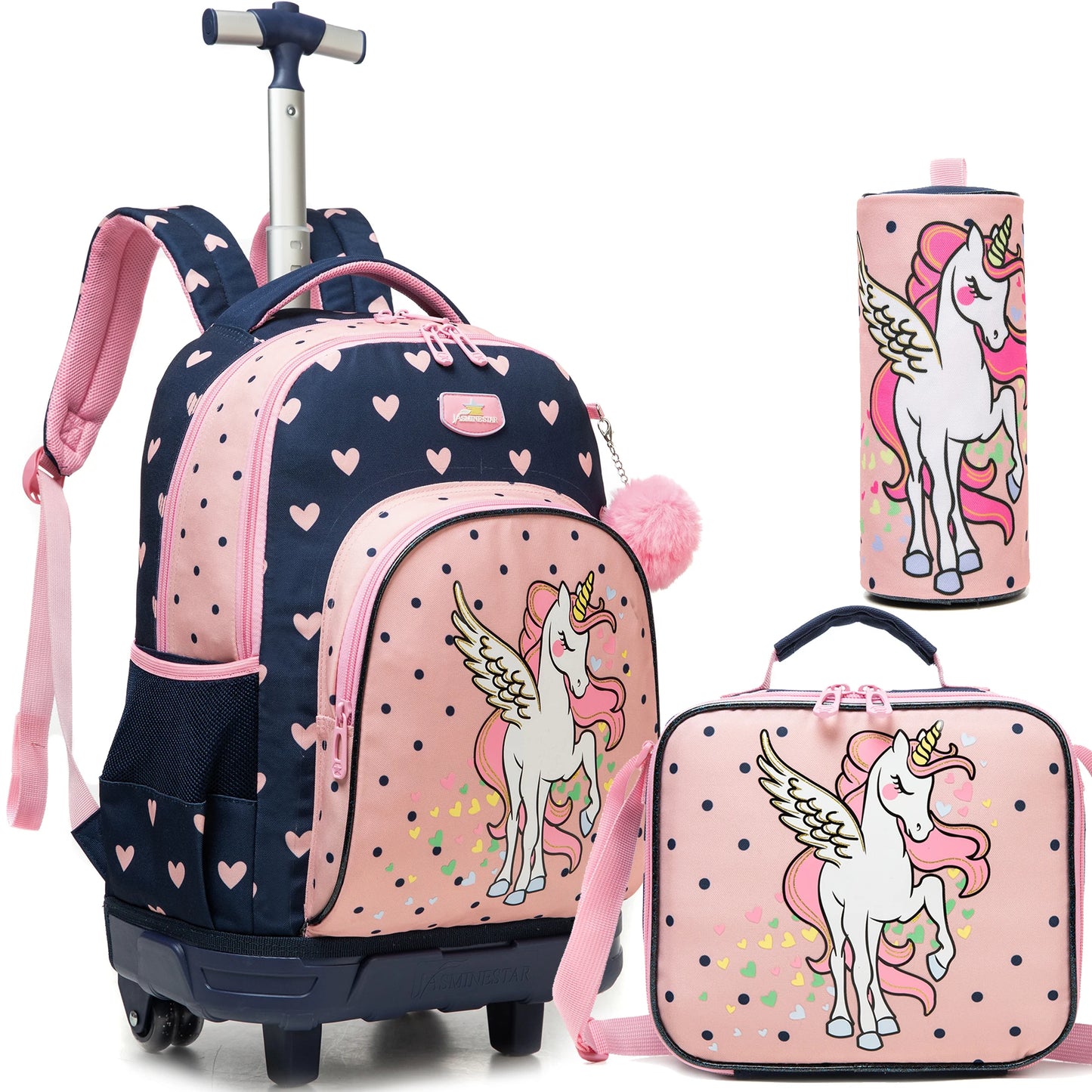 3-Piece Girls Stylish Rolling Backpack Set Perfect for Girls with Wheeled Luggage Lunch Bag Pencil Case for School Travel