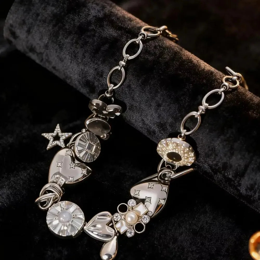 Vintage Punk Rock Metal Love Flower Star Pendant Necklace