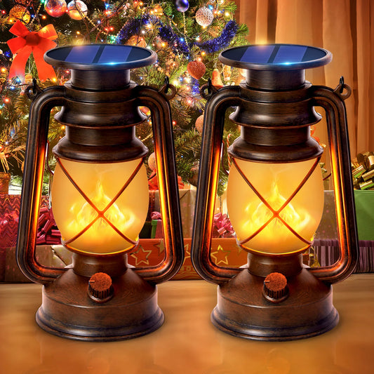 Solar Lanterns Waterproof Flickering Flame LED Hanging Lanterns 2 Pack