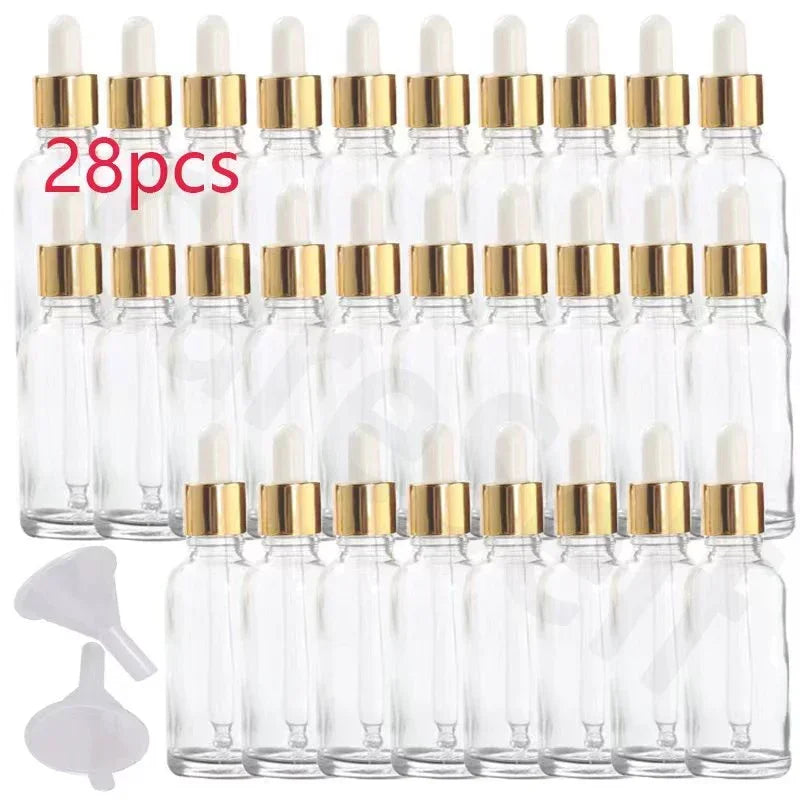 28pcs 15/30/50ml Golden Empty Dropper Bottle Essential Oil Glass Bottle Refillable Aromatherapy with Funnel Glass Eye Dropper