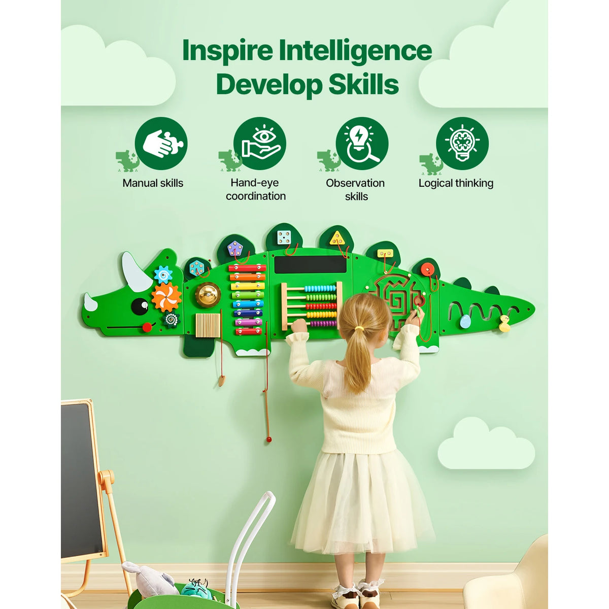 SucceBuy Dinosaur Kids Busy Wall Board 11 Activity Panels Montessori Sensory Learning Toys for Toddler Playroom Toy Gift