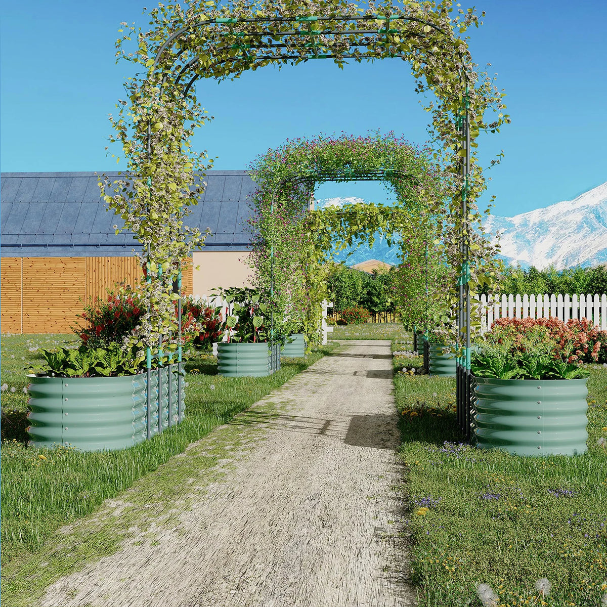 Galvanized Raised Garden Bed with 96in Arch Trellis, Rustproof Expandable Planter Box for Vines Flowers Herbs
