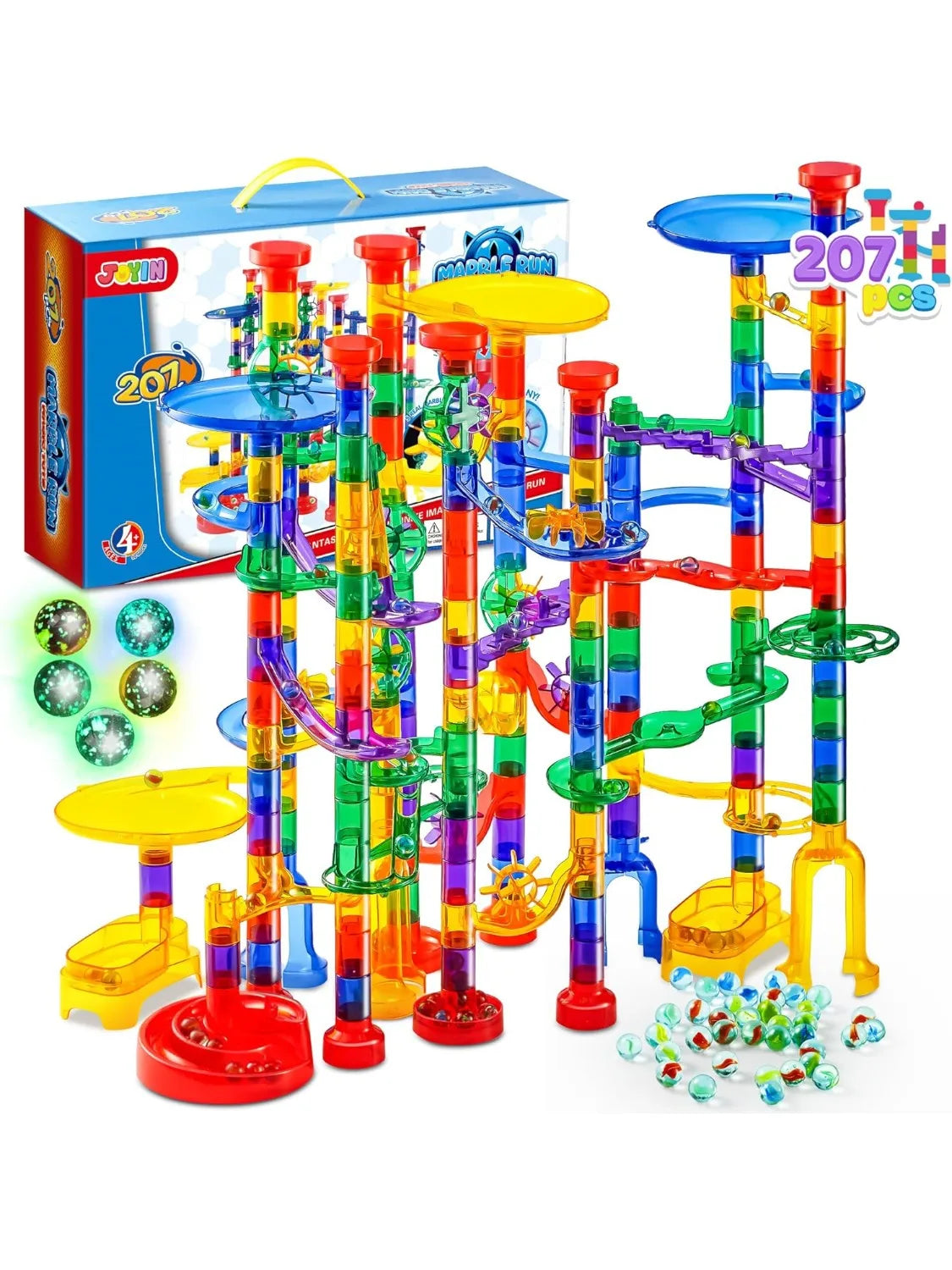 JOYFY 207Pcs Glowing Marble Run Construction Building Blocks Toys with 5 Glow in The Dark Toy for Boys Girl Educational Toy Gift
