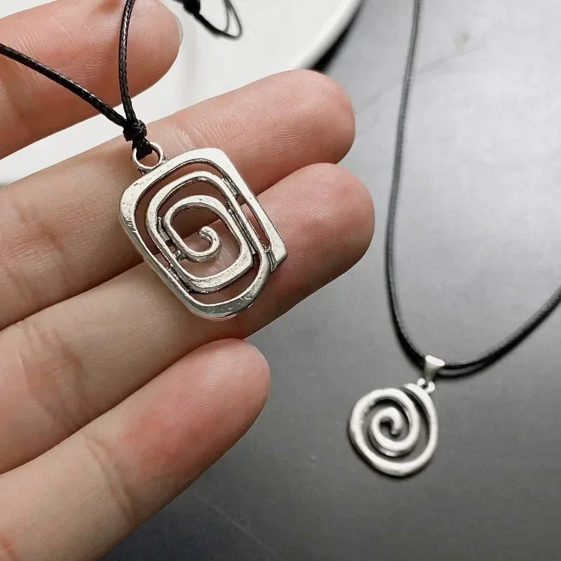 Vintage Spiral Vortex Pendant Necklace With Woven Leather Rope