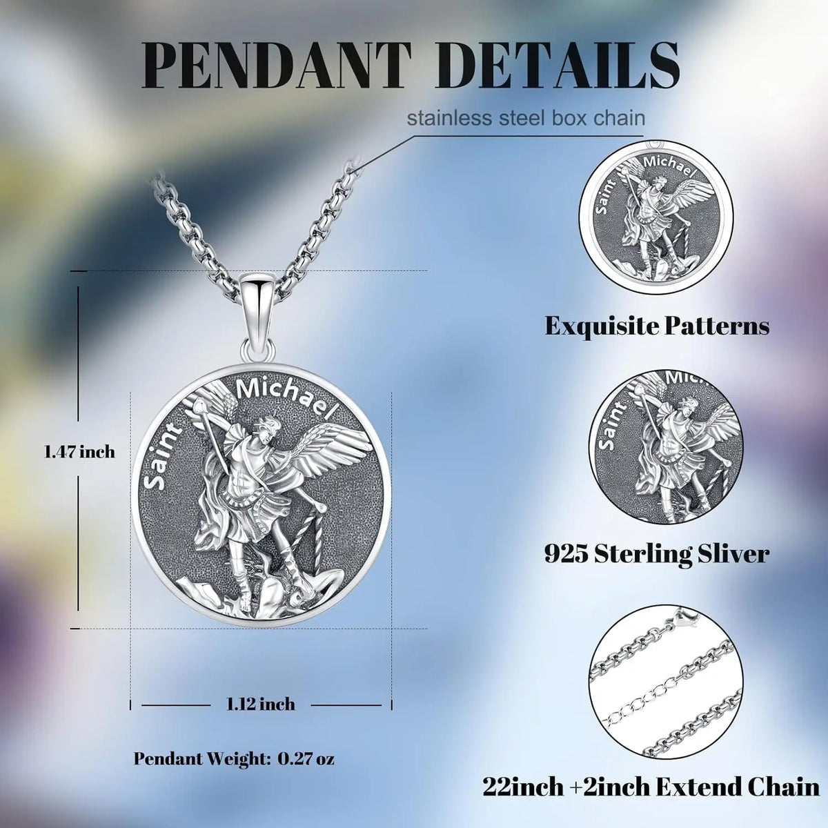 DRINSPER Sterling Silver Saint Michael Medal Protection Amulet Necklace