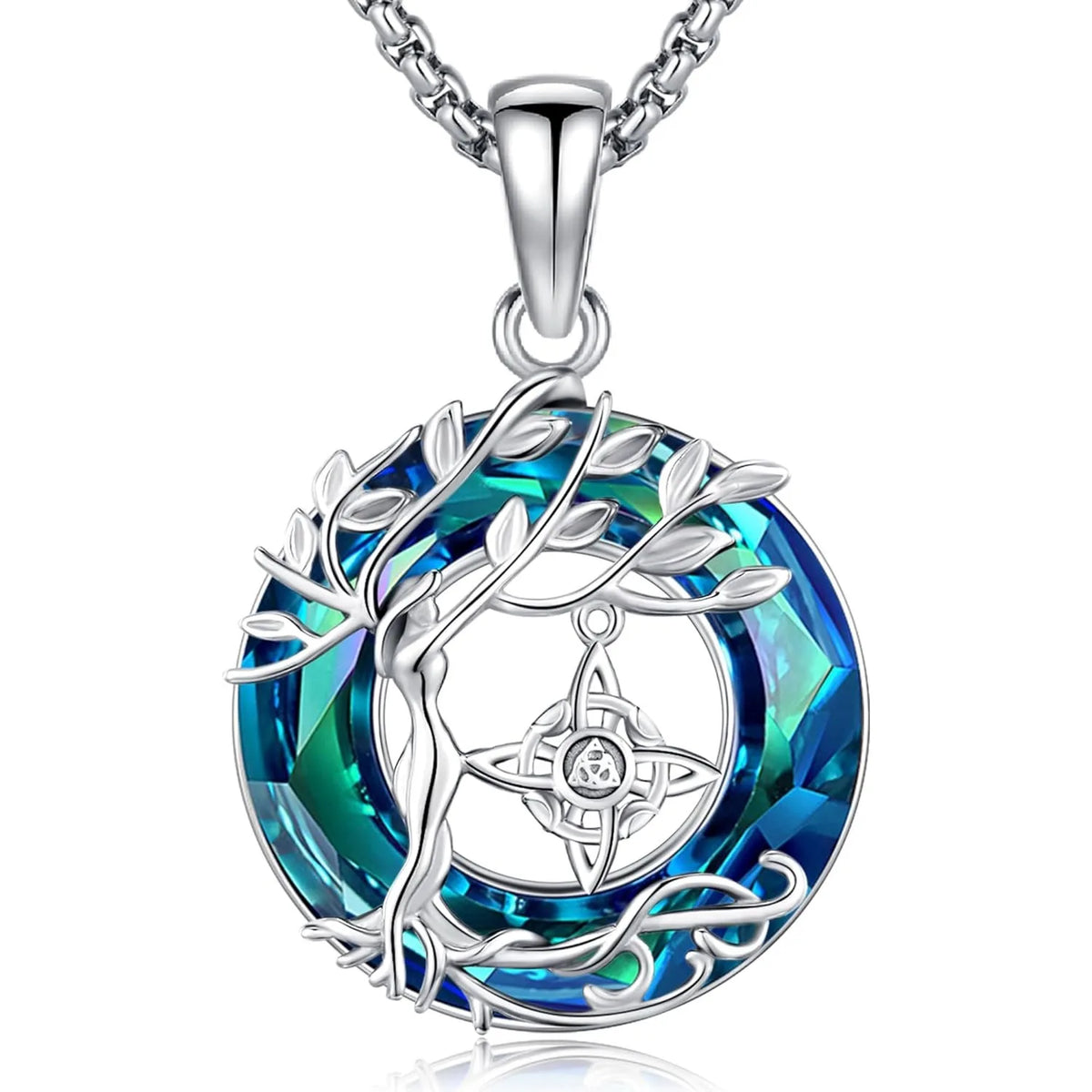 DRINSPER Sterling Silver Tree Of Life Crystal Witch Knot Necklace