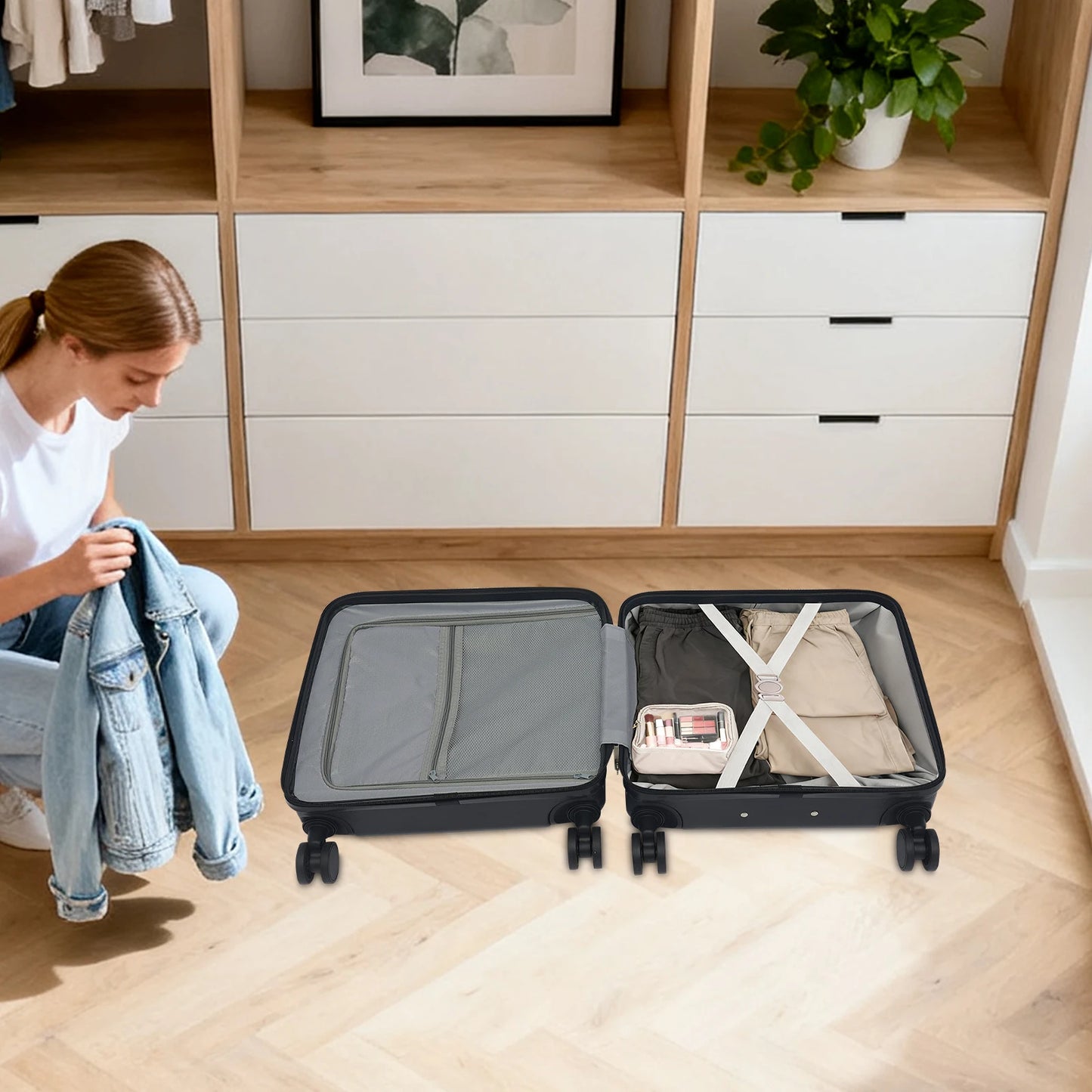 18 Inch Boarding Box Suitcase W/Opening Front Compartment, Multifunctional Men and Women Portable Trolley Case W/Password Lock