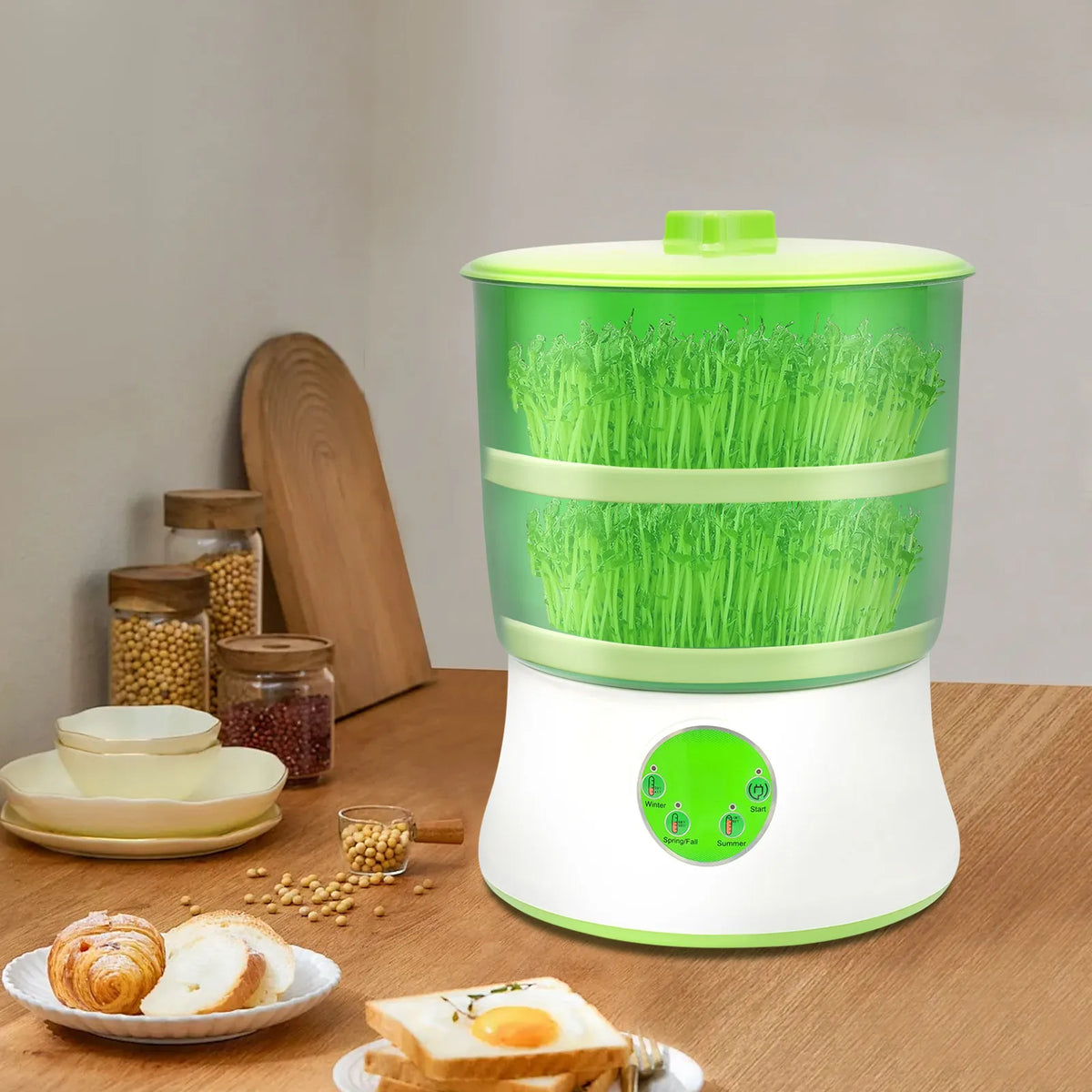 Automatic Bean Sprout Maker with 3 Season Modes, 2-Layer Large Capacity, 360° Rotating Spray, Idea for Home Kitchen
