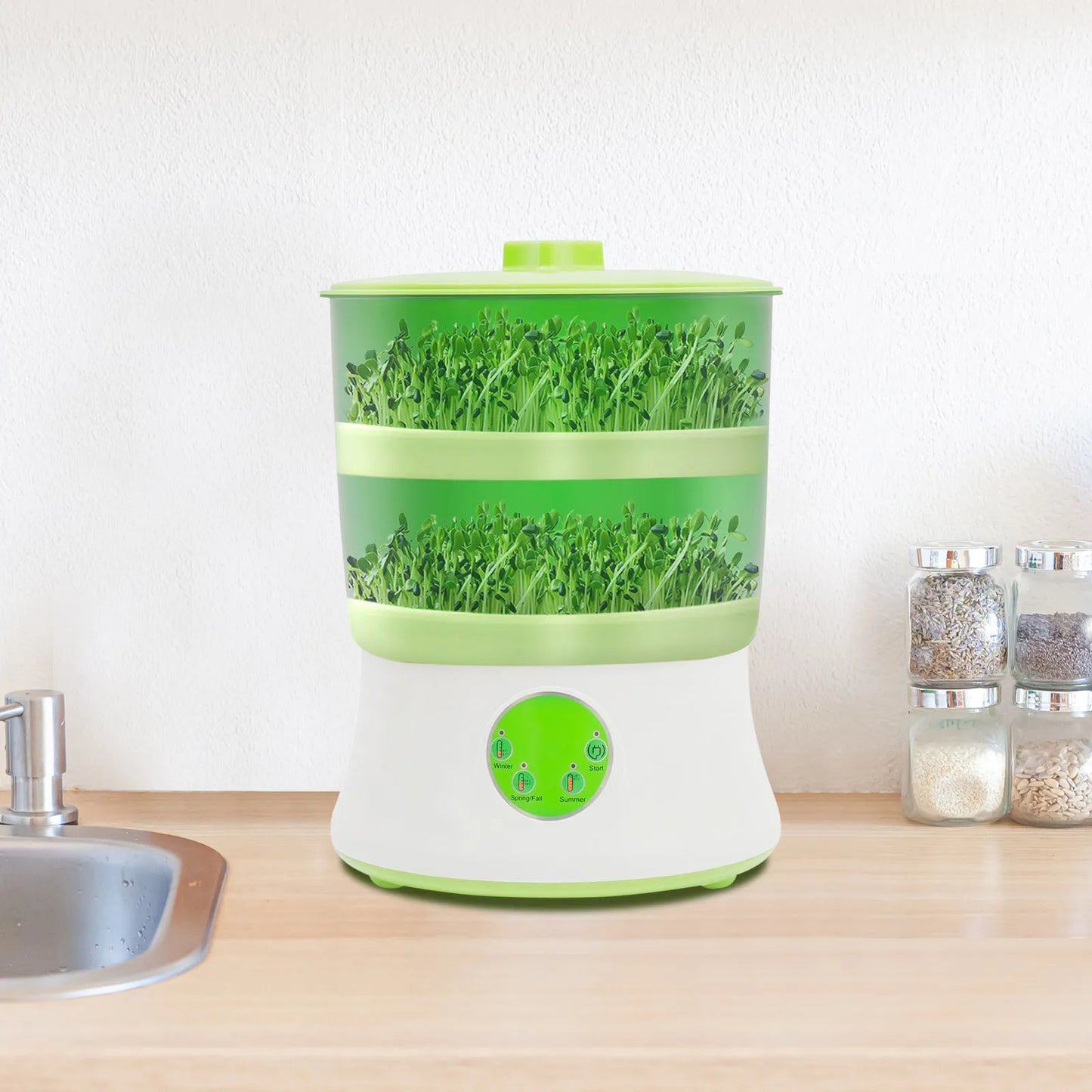 Automatic Bean Sprout Maker with 3 Season Modes, 2-Layer Large Capacity, 360° Rotating Spray, Idea for Home Kitchen