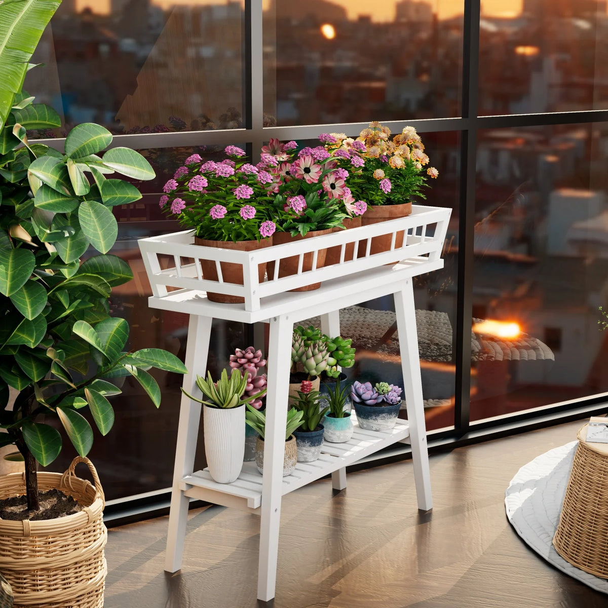 Bamboo Two Tier Plant Stand Shelf and Flower Pot Holder