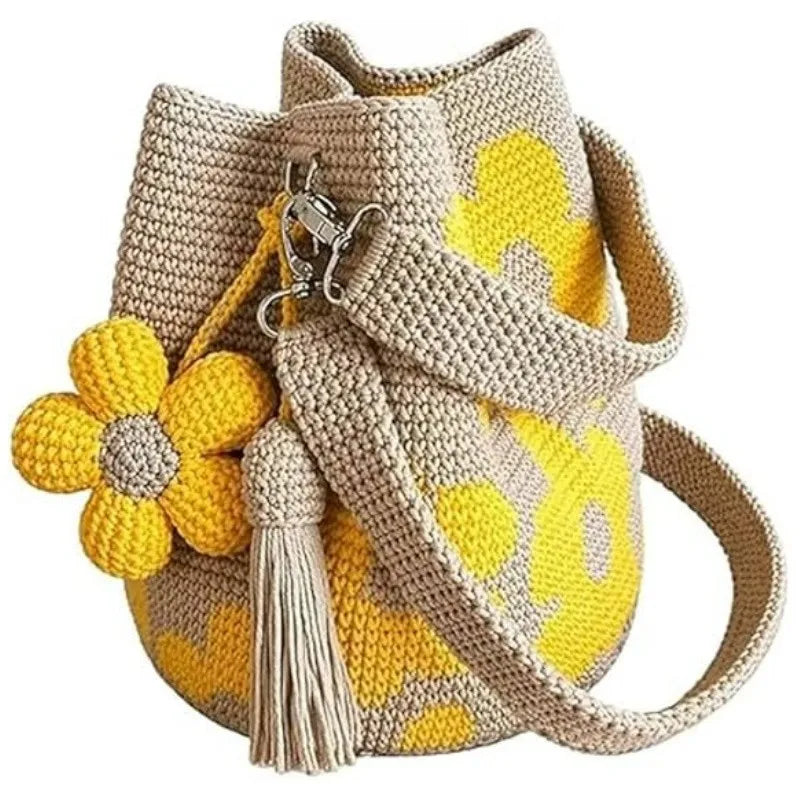 Handmade Crochet Flower Tote Bag Knit Floral Purse Crossbody Crochet Handbags for Women Boho Beach Crochet Purse Shoulder Bag