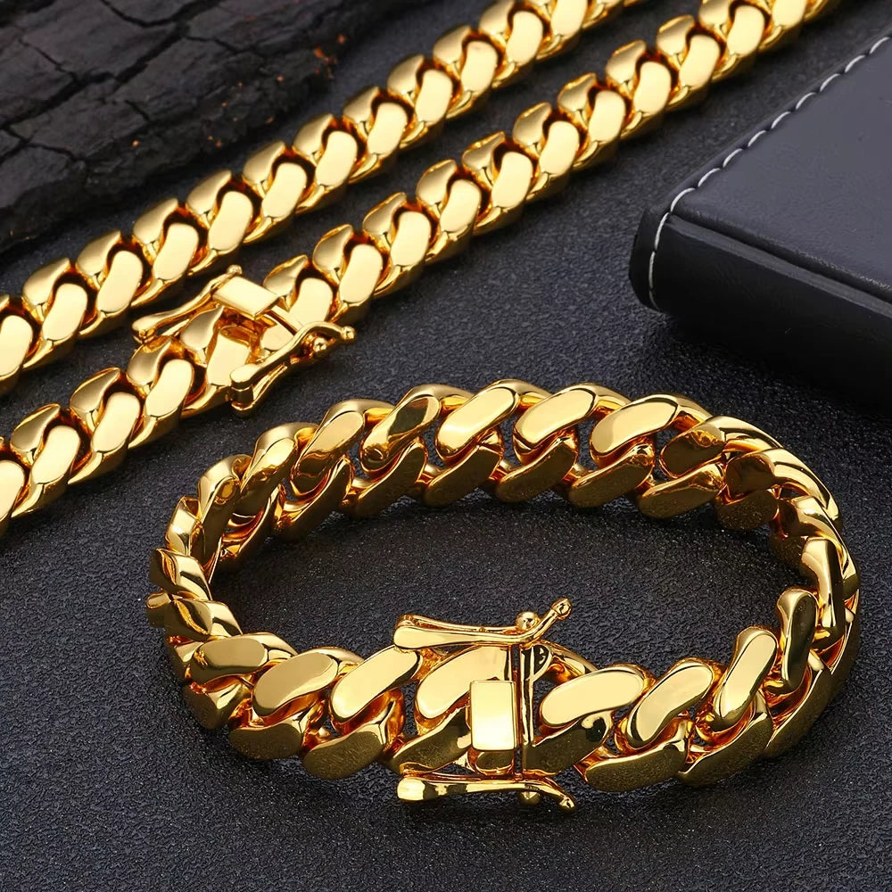 8-14mm Punk Rock Stainless Steel Rhombus Cuban MIami Link Chain Bracelets for Men Hip Hop Rock Jewelry Gold Color Jewelry Gift