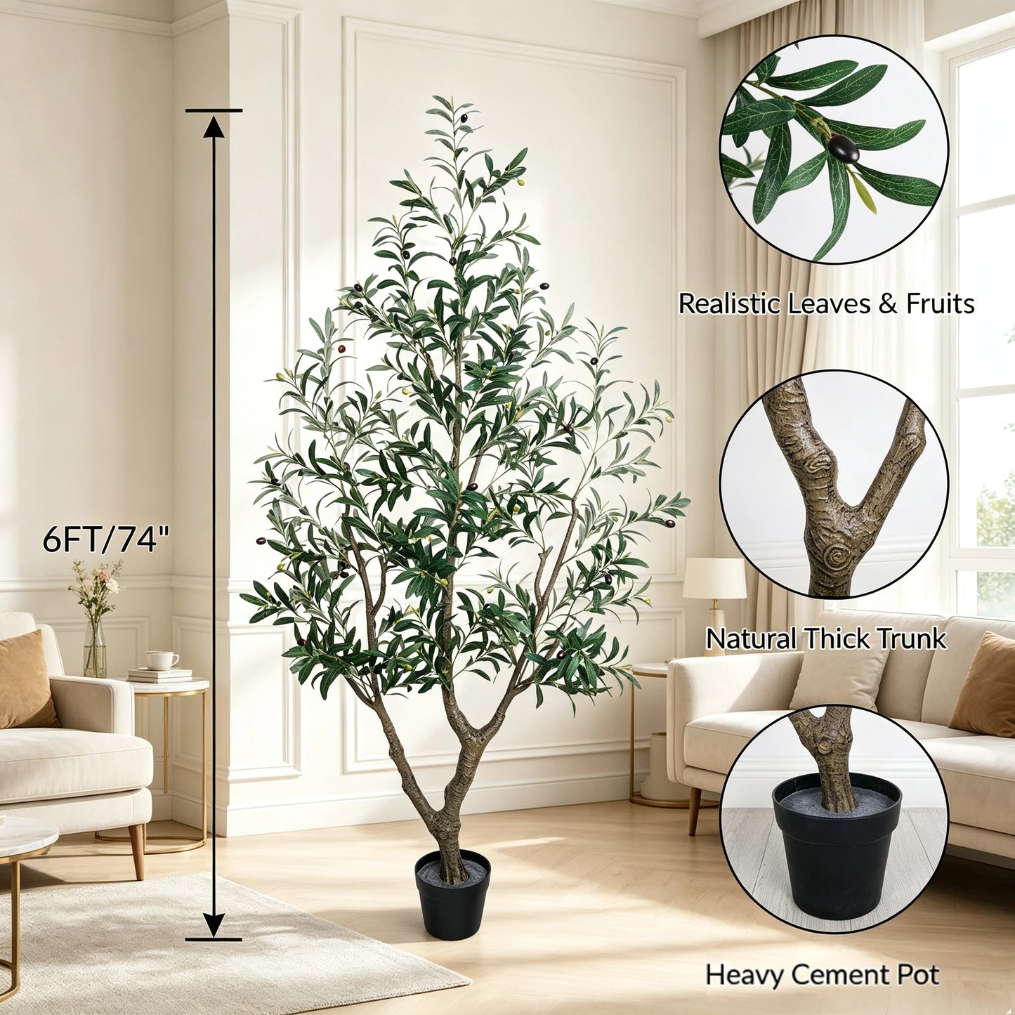 1.5/1.8/2.1m Artificial Olive Tree PE Real Touch Faux Olive Tree with Black Pot Outdoor Indoor Artificial Plants with Natural Wood Trunk and Lifelike Fruits for Home Office Decor