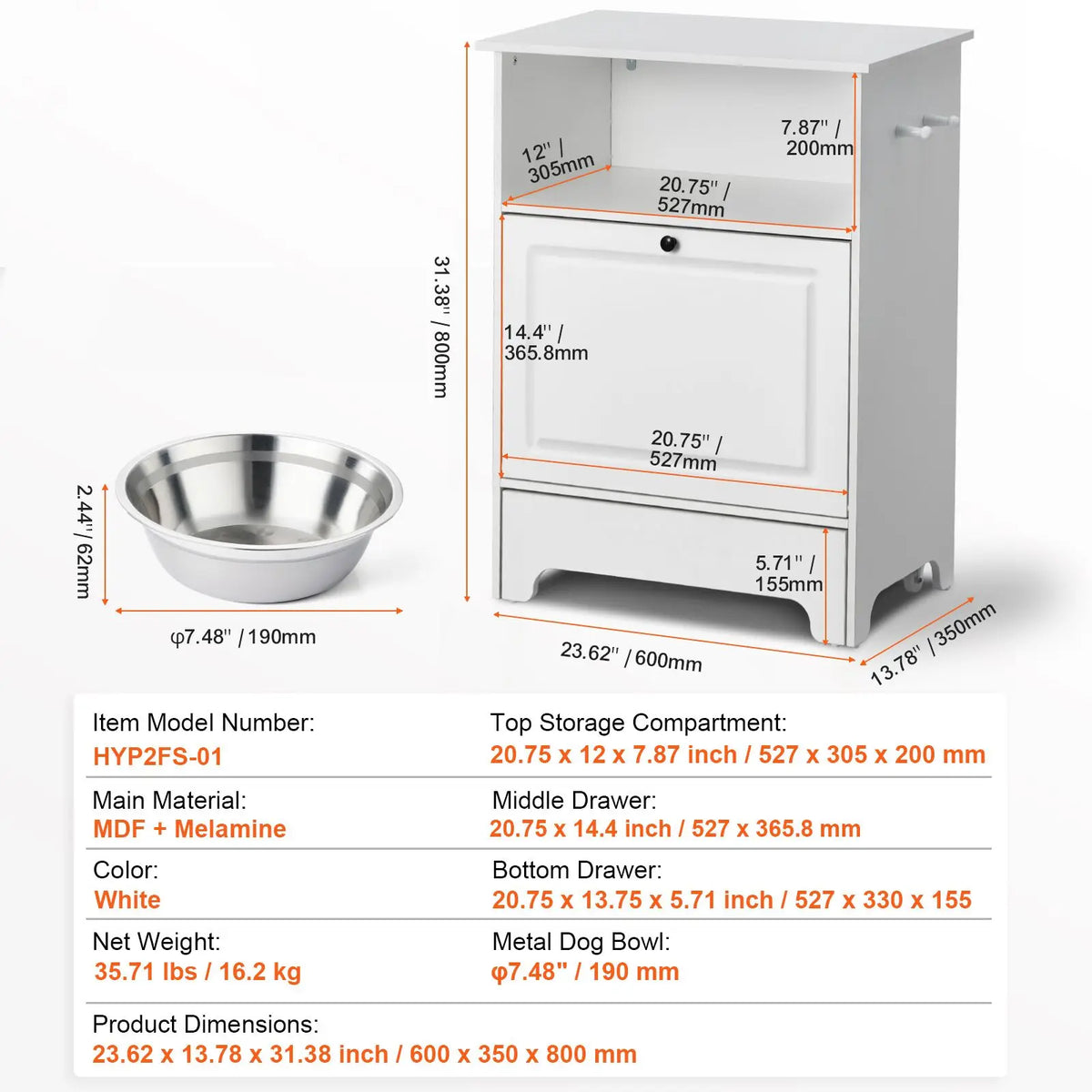 Pet Feeding Station with 2 Stainless Steel Bowls, Elevated Dog Bowls with Storage, Dog Food Storage and Feeder Station with Tilt Out Storage Cabinet, Pet Toy Storage Organizer, for Small Dogs